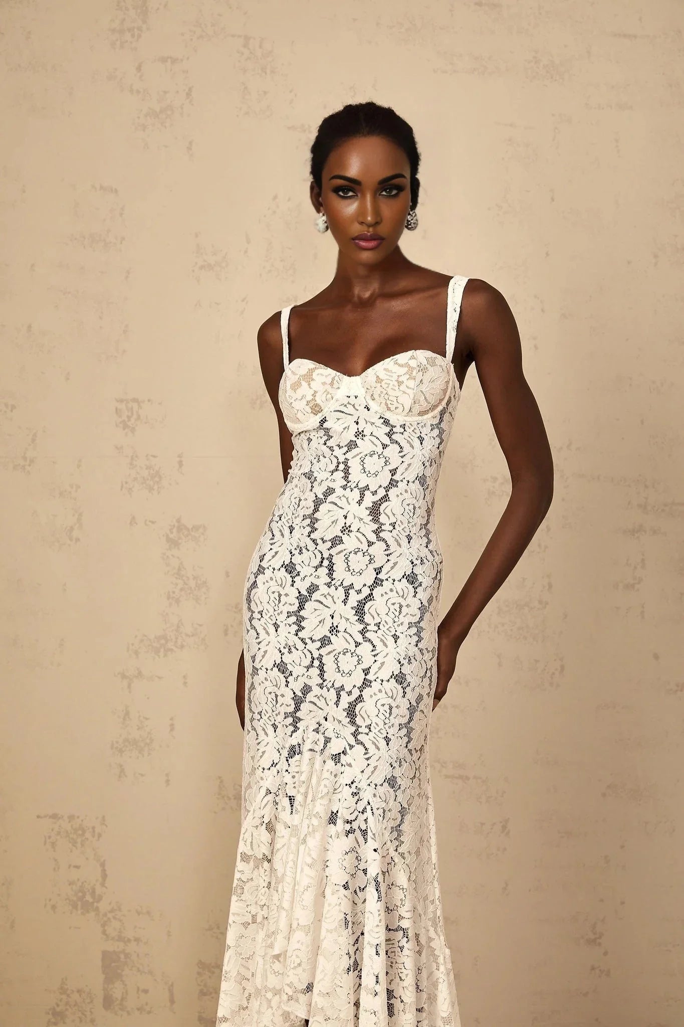 Cecilia Maxi Dress White Lace Bustier Floral Ruffles Floor - Length & Sheer