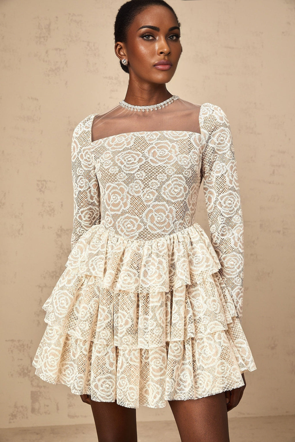 Cecilia Mini Dress - Floral Appliqué - Lace Embroidery - Crystal Embellishment - Tiered Design - Pleated Detailing