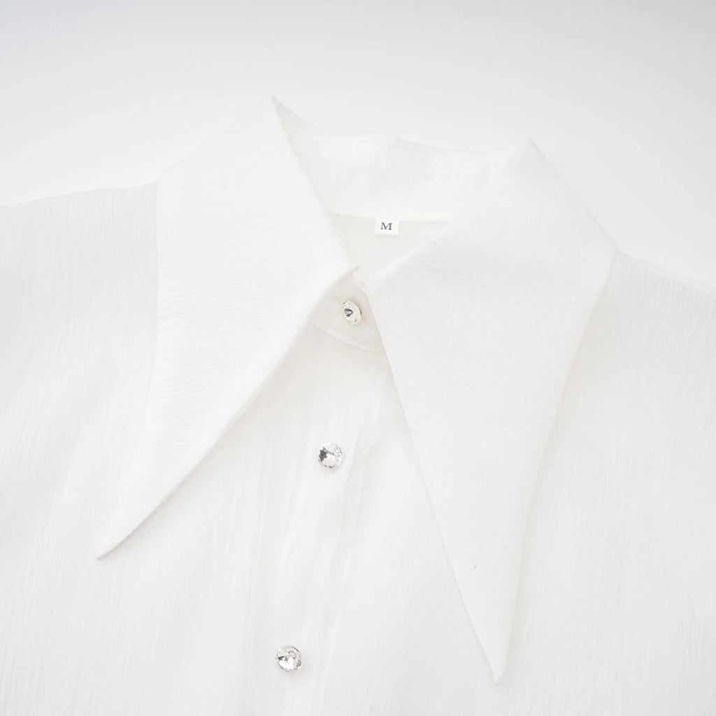 Cecilia Mini Dress - Point Collar - Long Sleeves - Embellished Button Detailing & Ruffled Hem