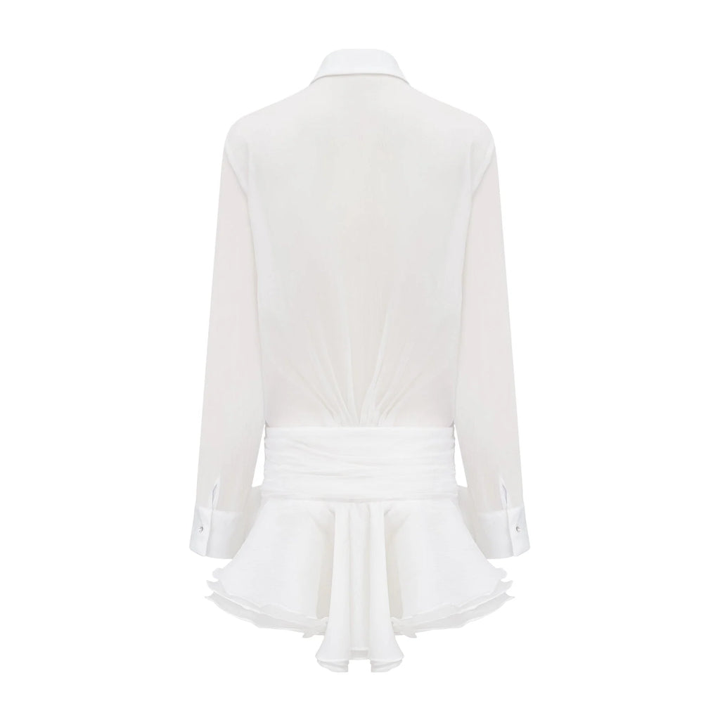 Cecilia Mini Dress - Point Collar - Long Sleeves - Embellished Button Detailing & Ruffled Hem