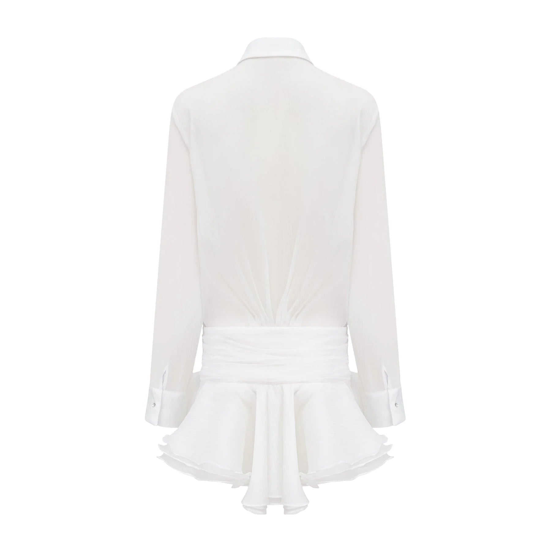 Cecilia Mini Dress - Point Collar - Long Sleeves - Embellished Button Detailing & Ruffled Hem