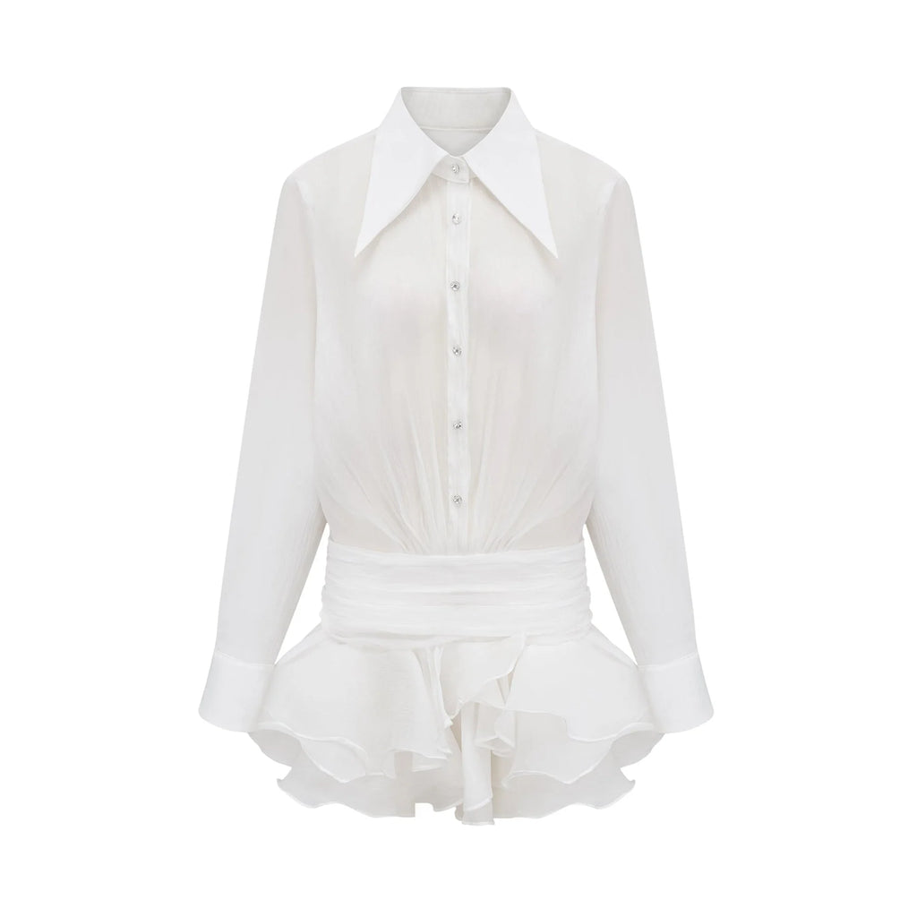 Cecilia Mini Dress - Point Collar - Long Sleeves - Embellished Button Detailing & Ruffled Hem