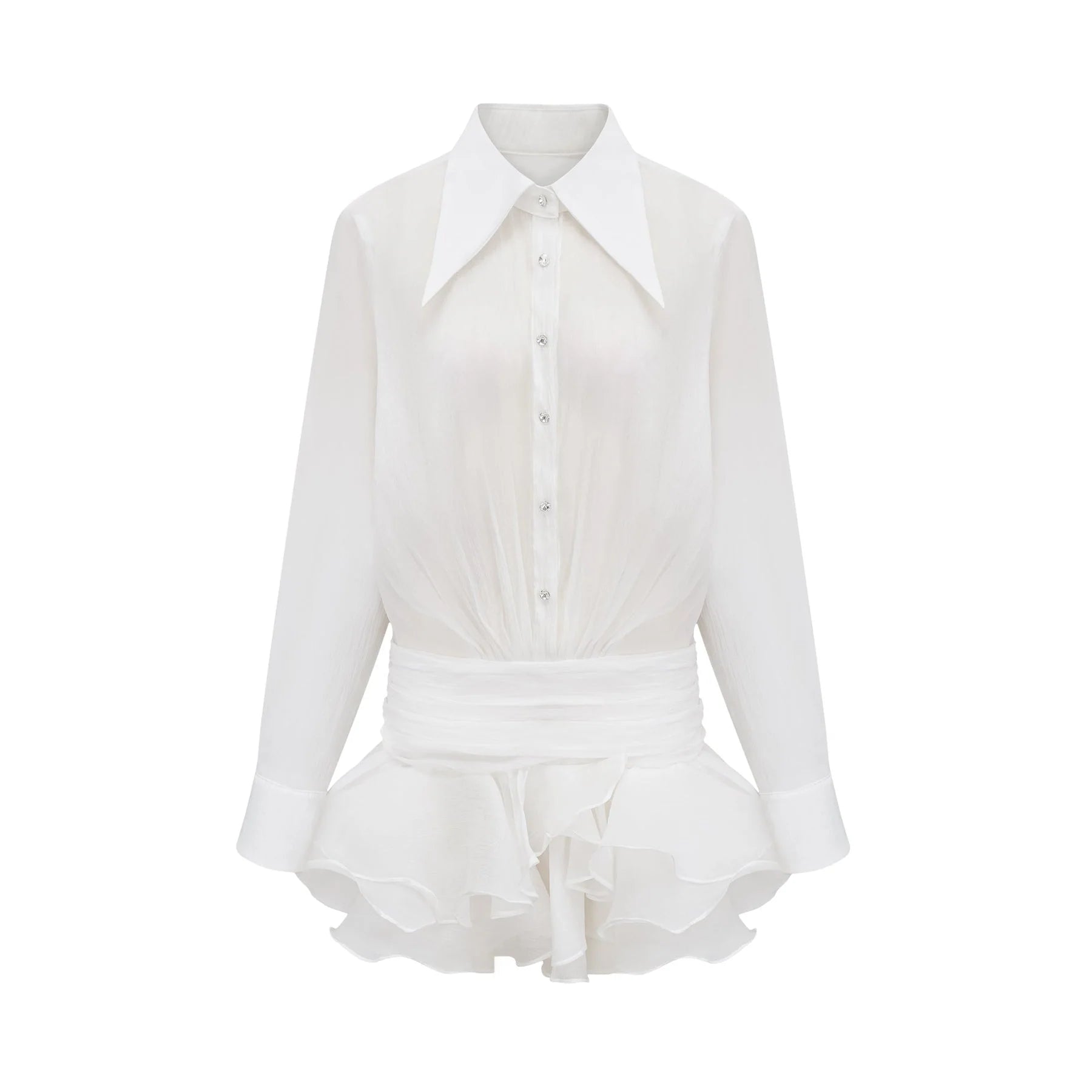 Cecilia Mini Dress - Point Collar - Long Sleeves - Embellished Button Detailing & Ruffled Hem