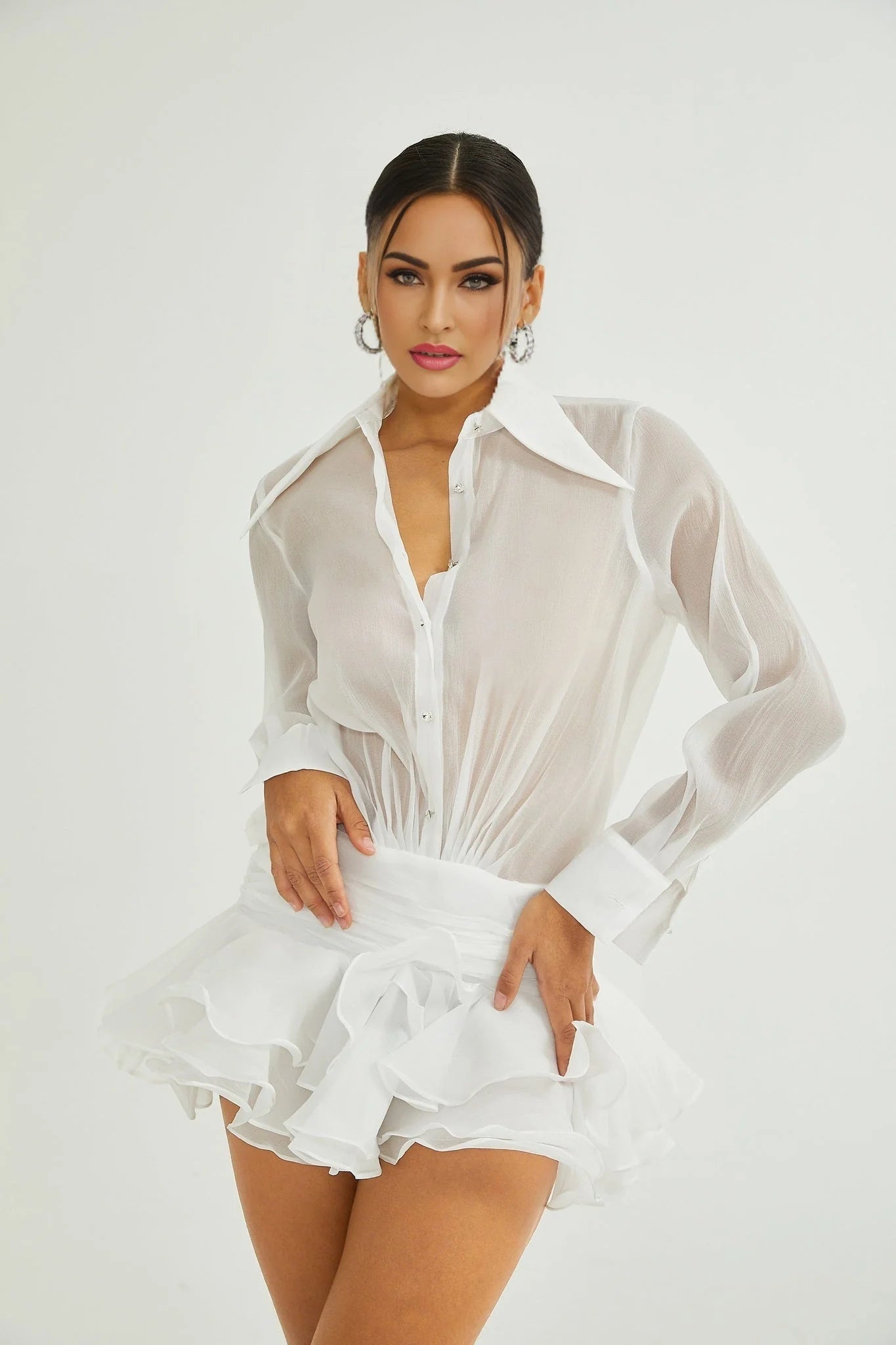 Cecilia Mini Dress - Point Collar - Long Sleeves - Embellished Button Detailing & Ruffled Hem