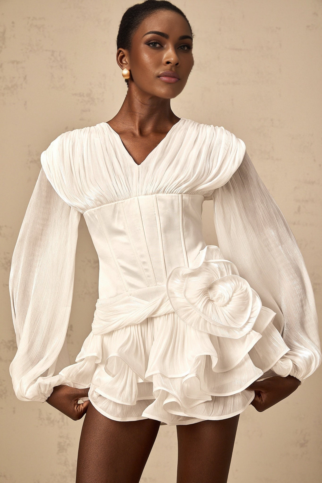 Cecilia Mini Dress - V neck - Floral Decorated - Lantern Sleeves - Cinched Waist