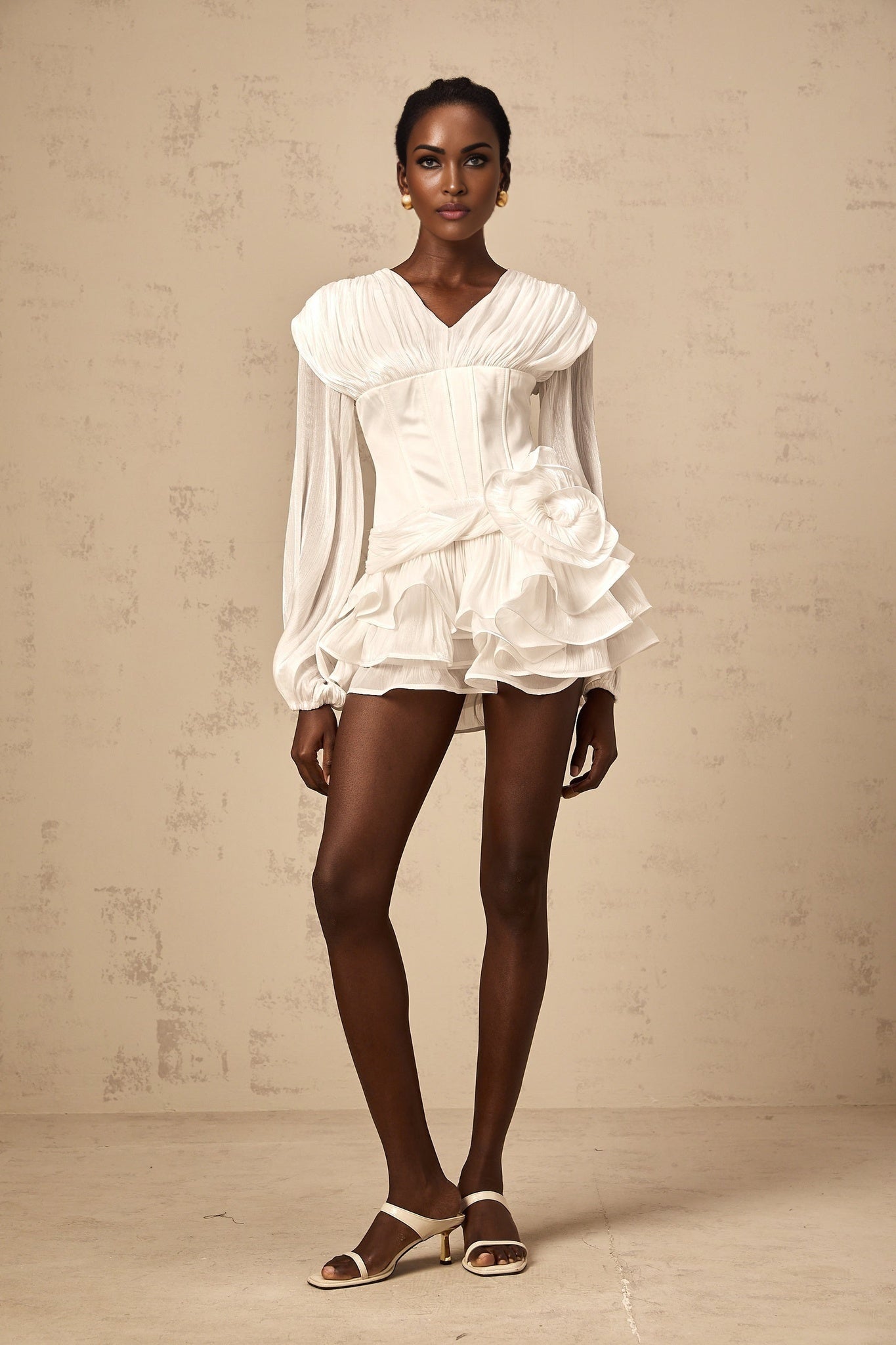 Cecilia Mini Dress - V neck - Floral Decorated - Lantern Sleeves - Cinched Waist