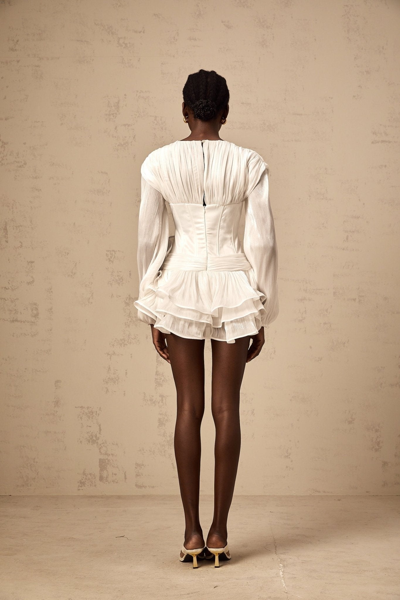 Cecilia Mini Dress - V neck - Floral Decorated - Lantern Sleeves - Cinched Waist