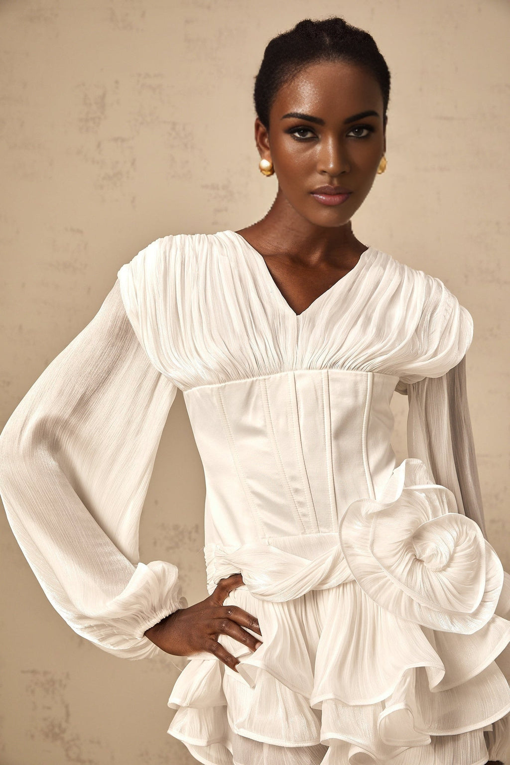 Cecilia Mini Dress - V neck - Floral Decorated - Lantern Sleeves - Cinched Waist
