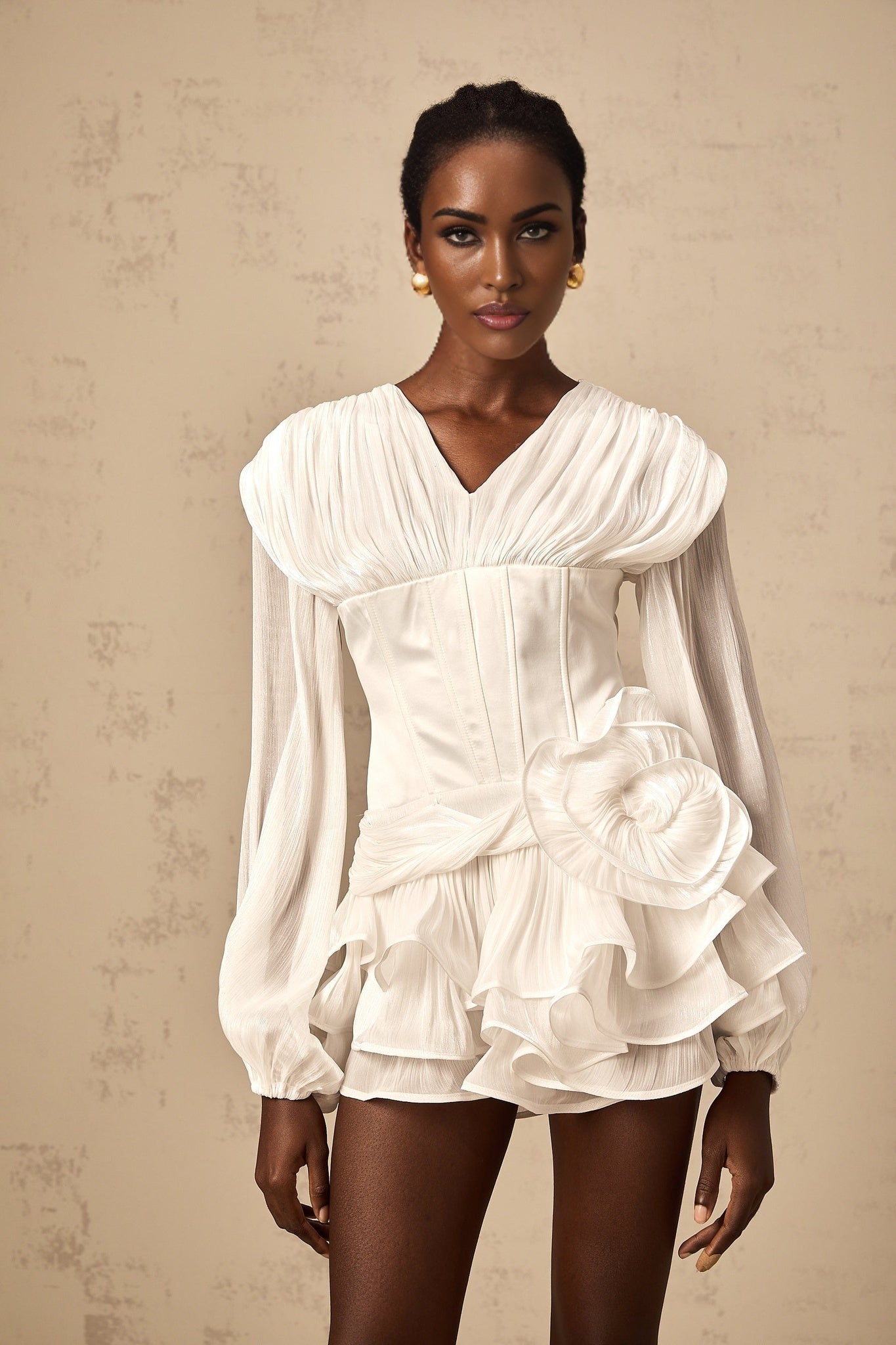 Cecilia Mini Dress - V neck - Floral Decorated - Lantern Sleeves - Cinched Waist