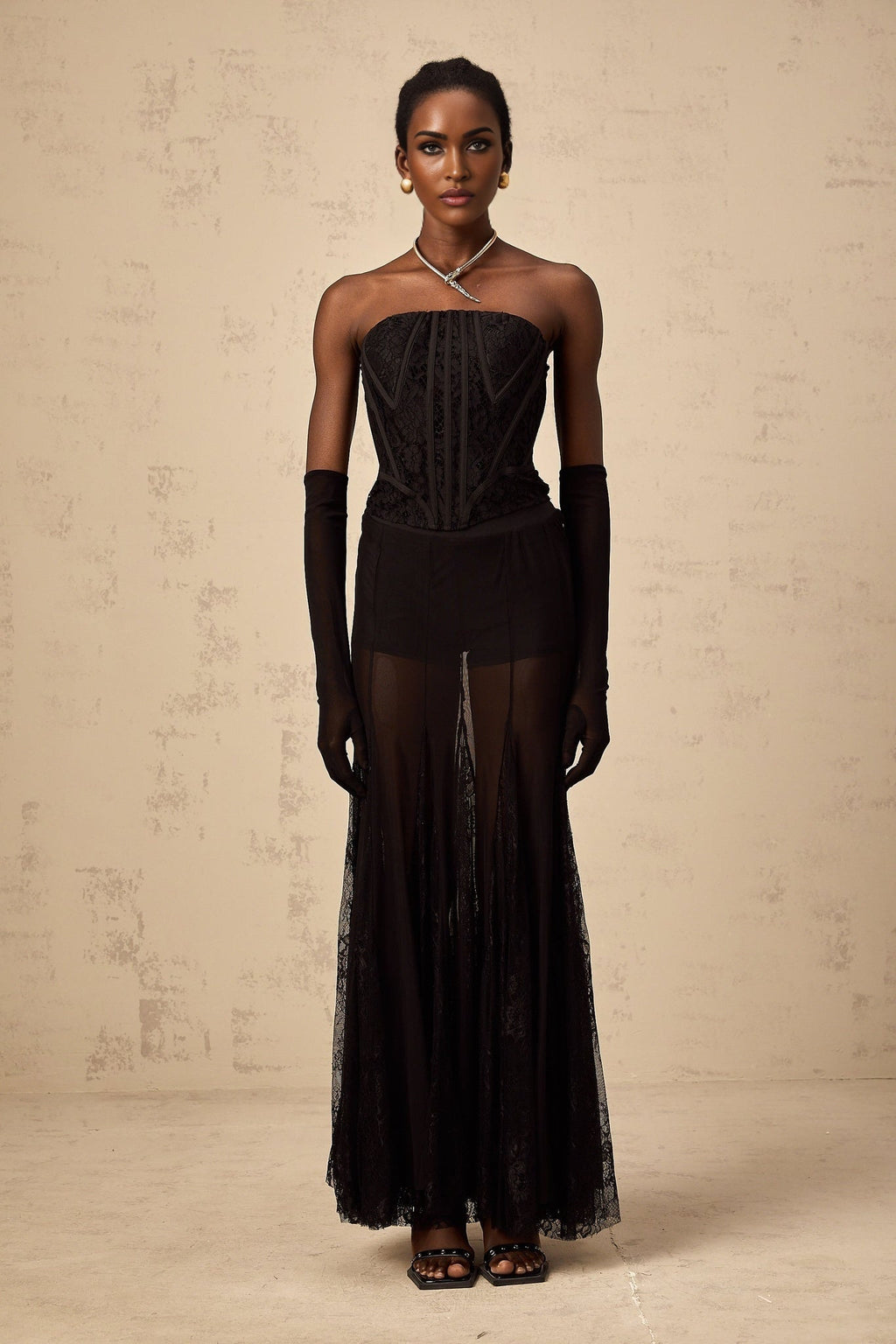 Celeste Corset & Skirt Set – Floral Lace – Semi - Sheer Tulle – Boned Fit