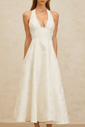 Celeste Midi Dress - Halterneck - Open Back - Fitted Waistline - Floral Jacquard - Self - Tie Design