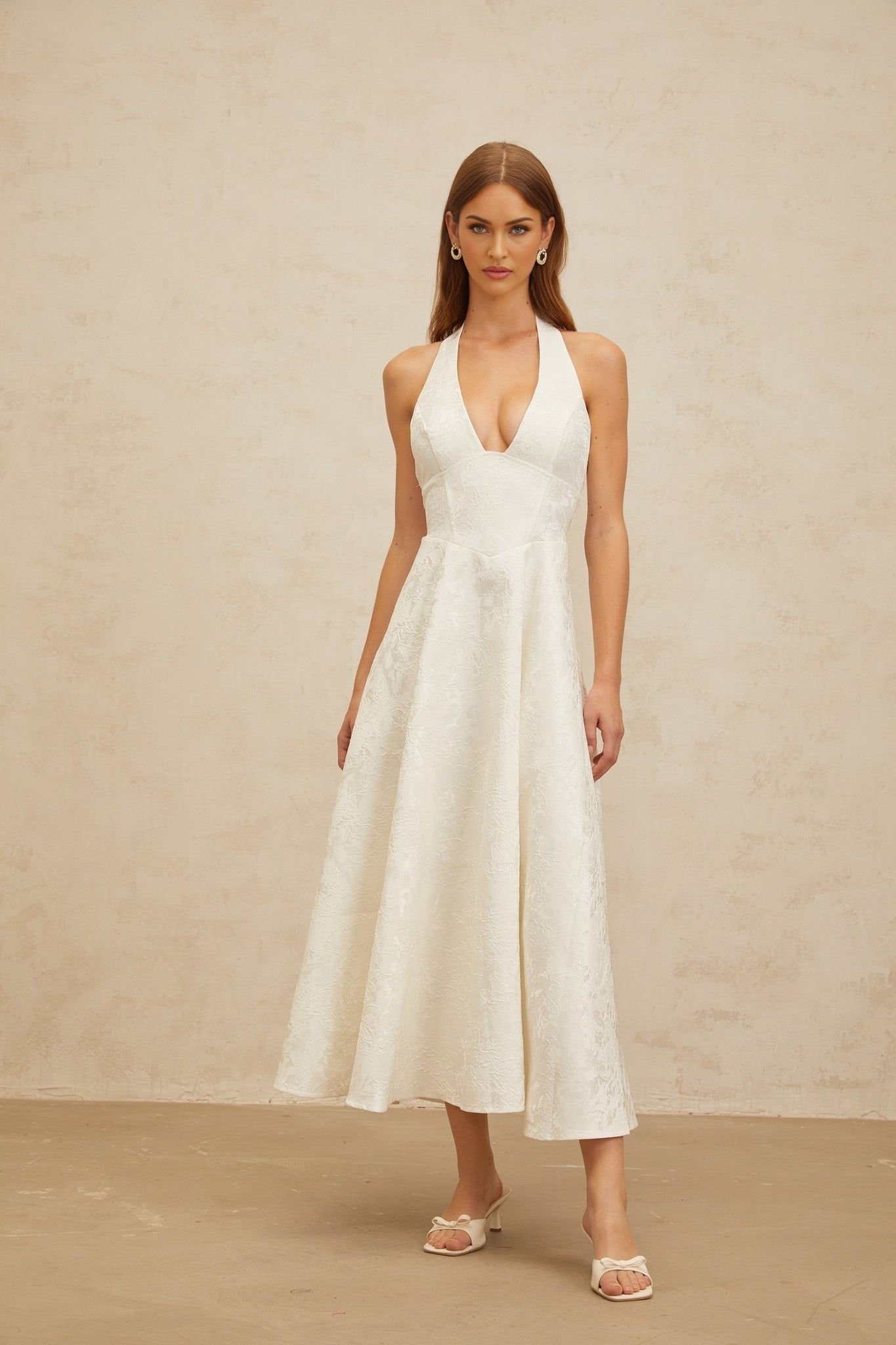 Celeste Midi Dress - Halterneck - Open Back - Fitted Waistline - Floral Jacquard - Self - Tie Design