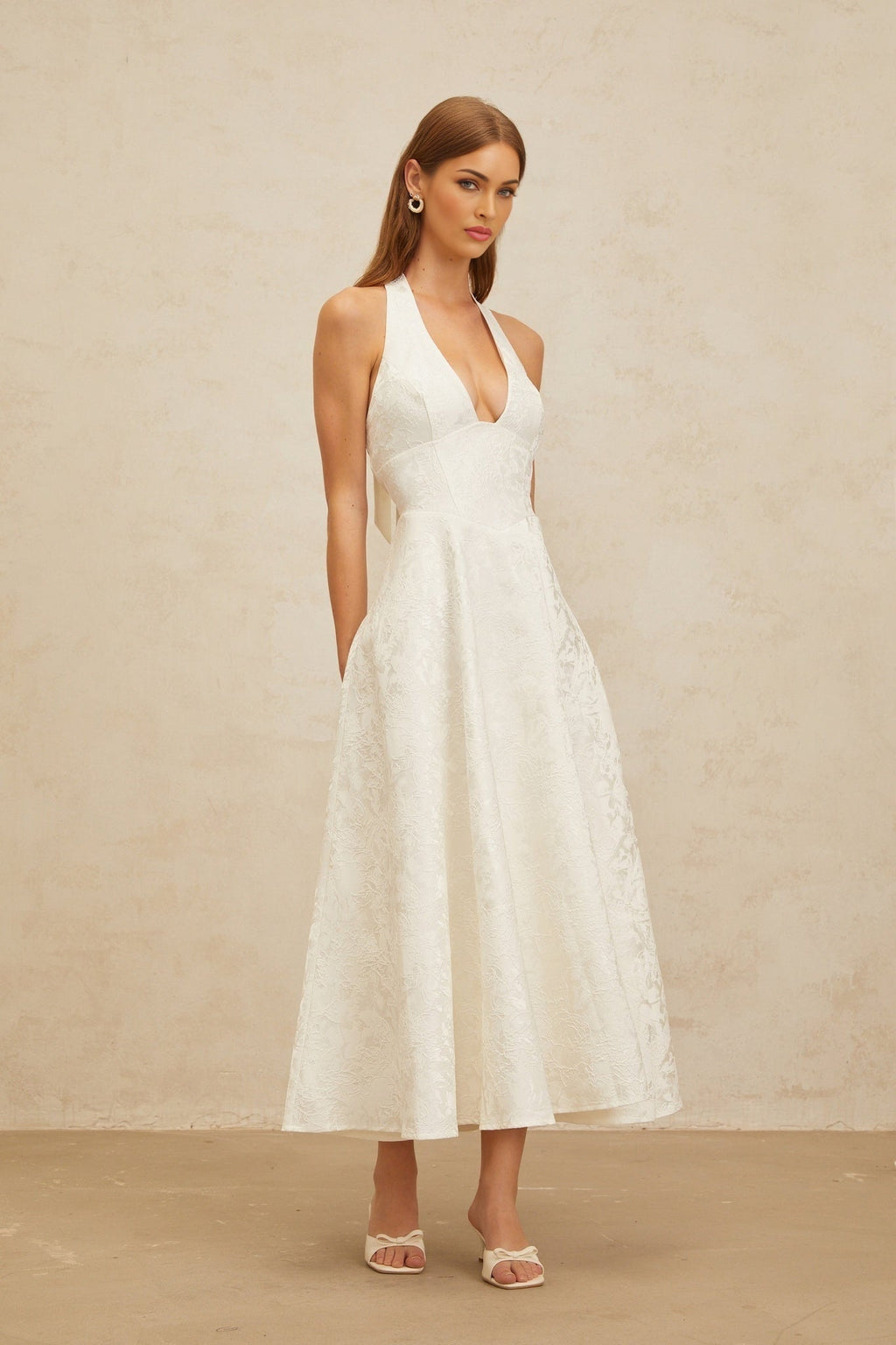 Celeste Midi Dress - Halterneck - Open Back - Fitted Waistline - Floral Jacquard - Self - Tie Design