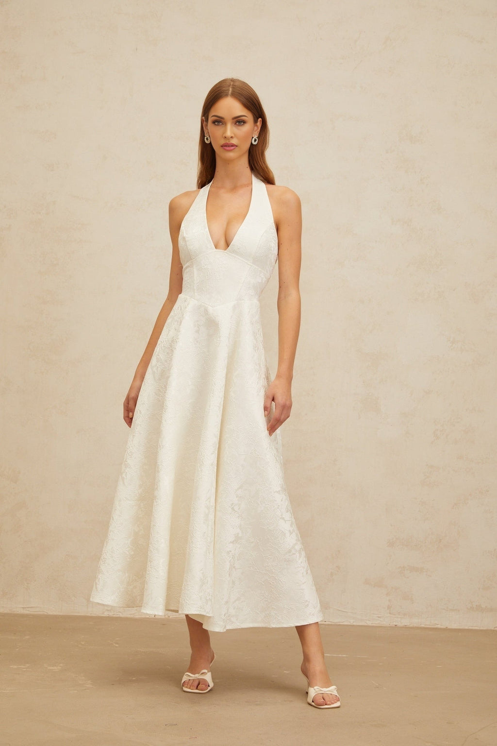 Celeste Midi Dress - Halterneck - Open Back - Fitted Waistline - Floral Jacquard - Self - Tie Design