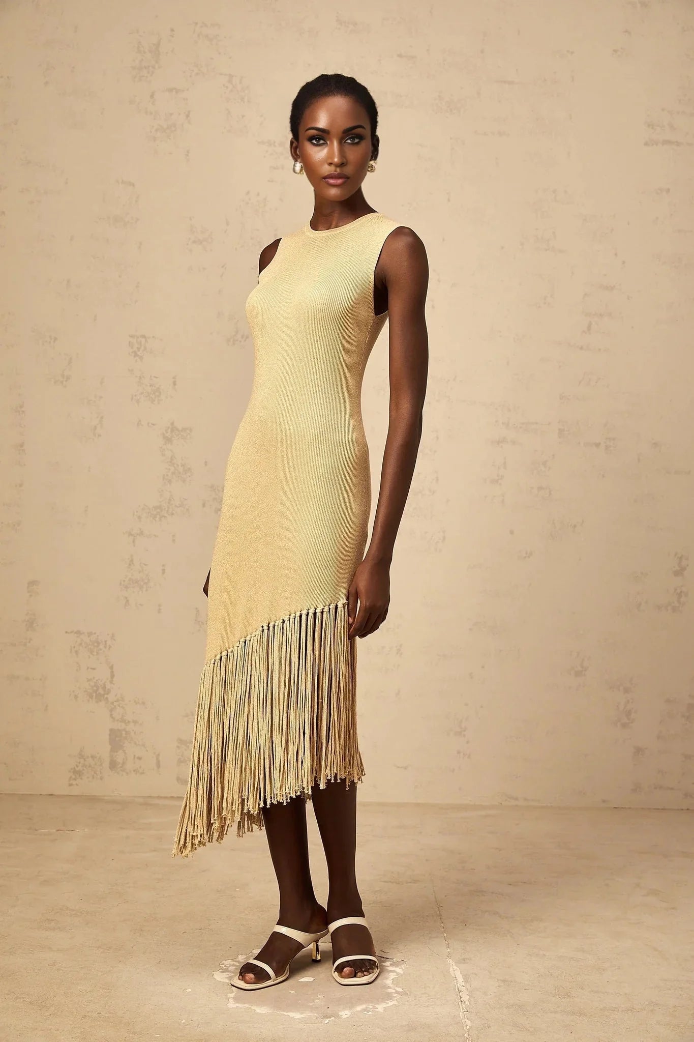 Celeste Midi Dress Neutrals Fringe Macram & Metallic Trim