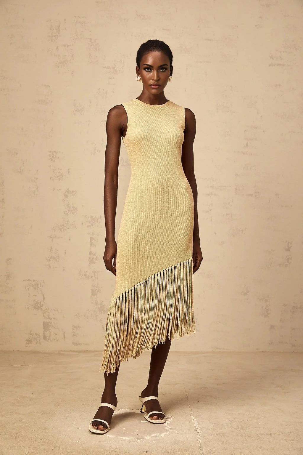 Celeste Midi Dress Neutrals Fringe Macram & Metallic Trim