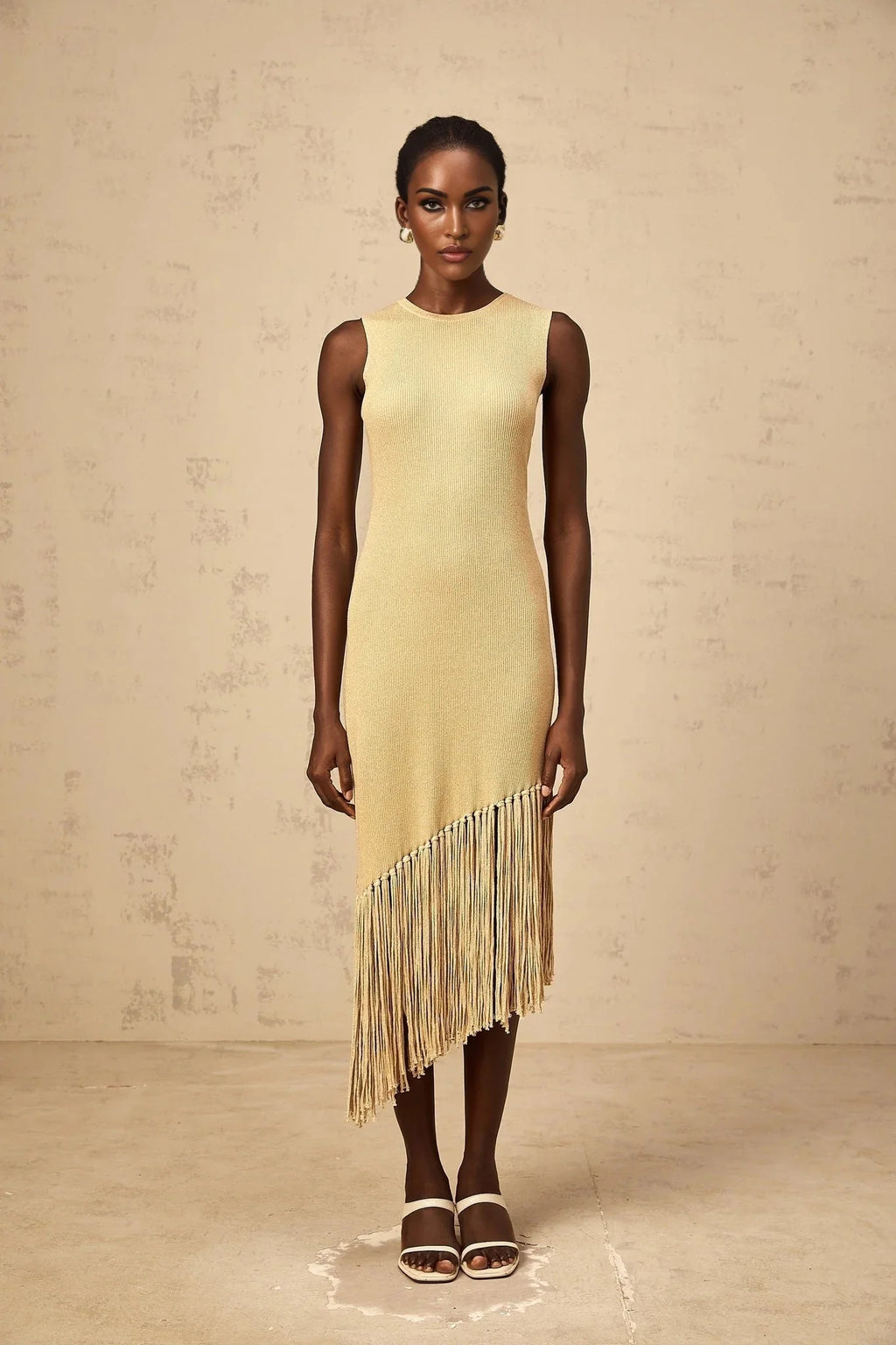 Celeste Midi Dress Neutrals Fringe Macram & Metallic Trim