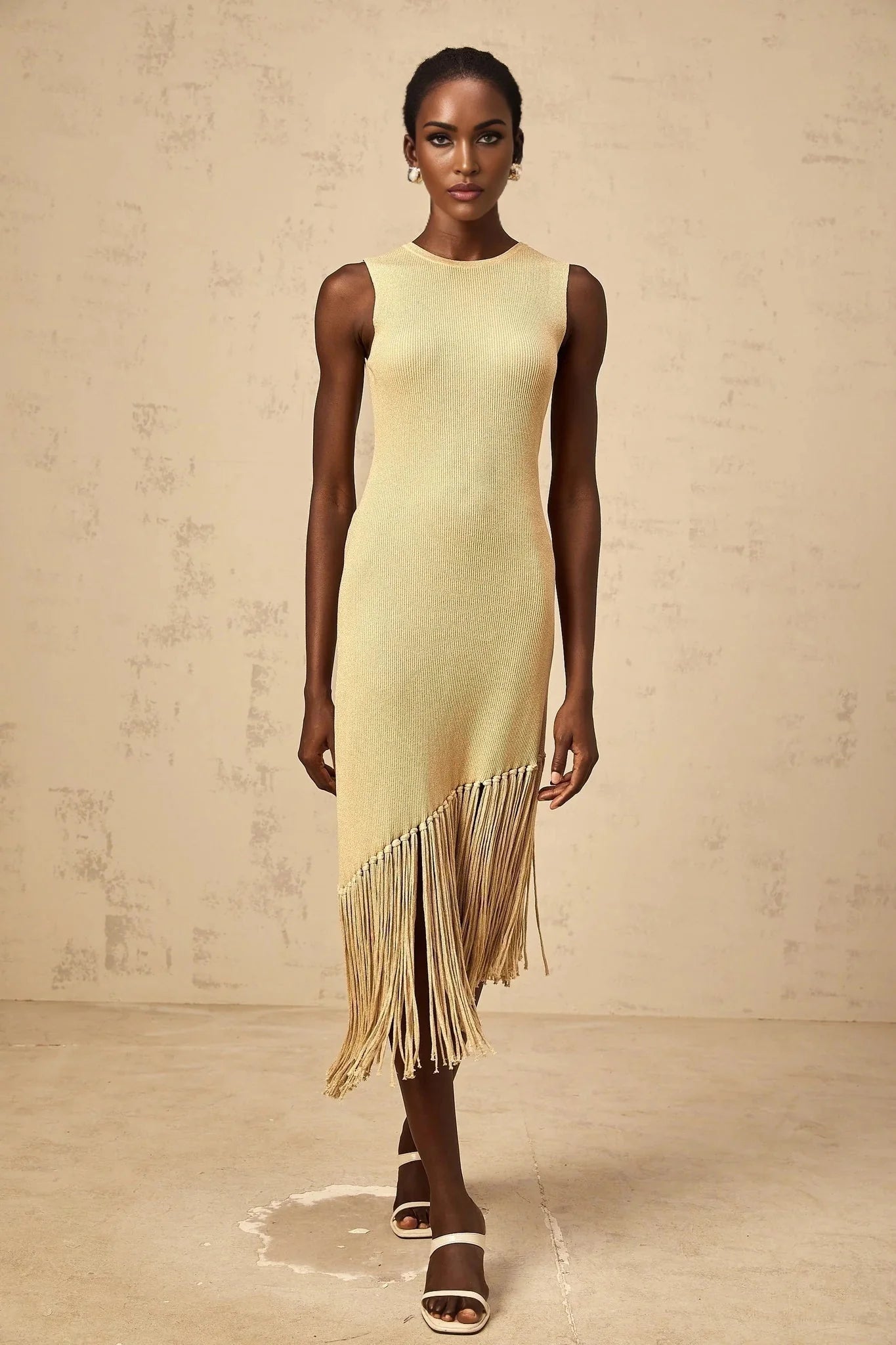 Celeste Midi Dress Neutrals Fringe Macram & Metallic Trim