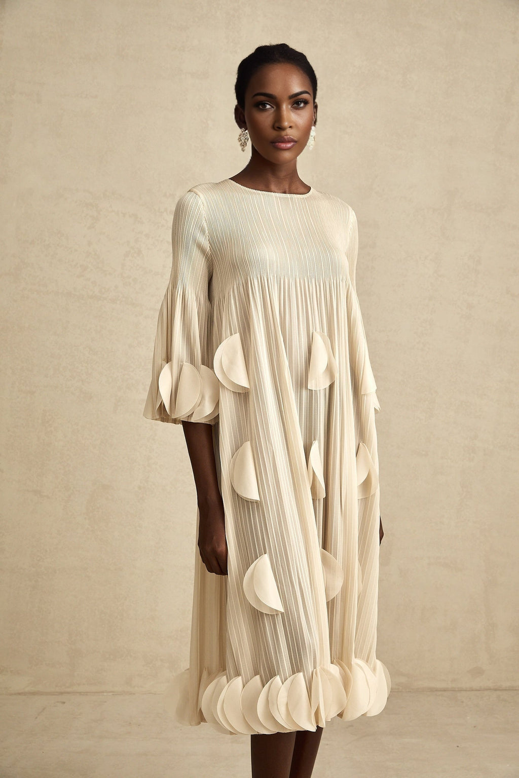 Celeste Midi Dress - Three - Quarter Sleeves - Pleated A - Line Silhouette