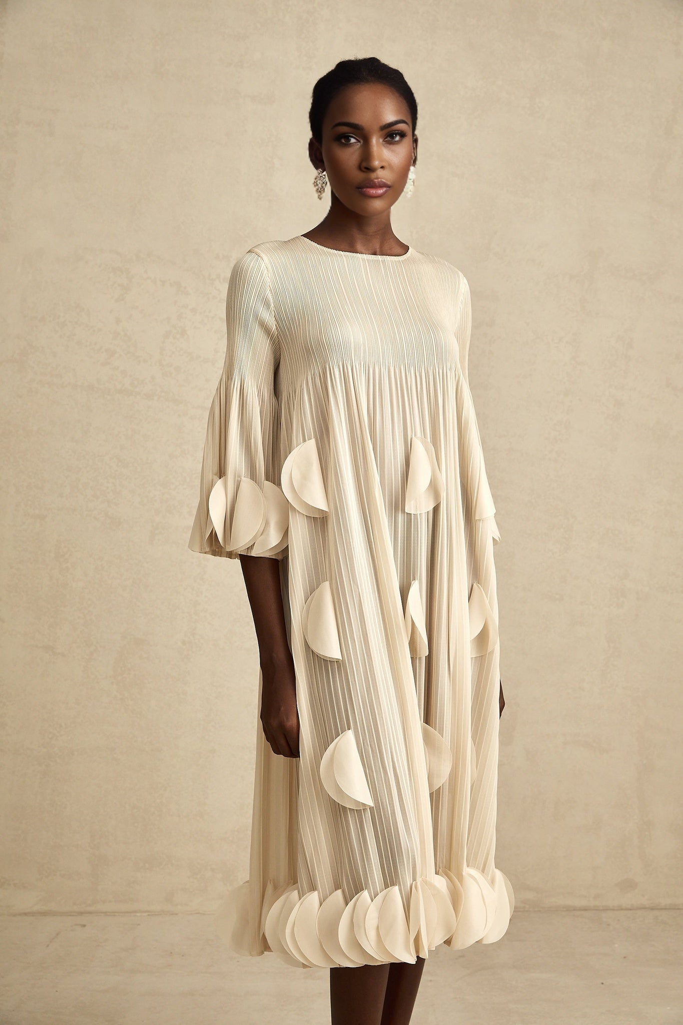 Celeste Midi Dress - Three - Quarter Sleeves - Pleated A - Line Silhouette