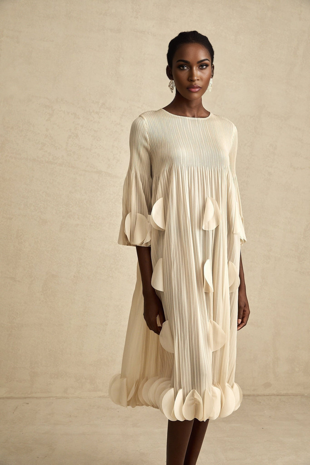 Celeste Midi Dress - Three - Quarter Sleeves - Pleated A - Line Silhouette