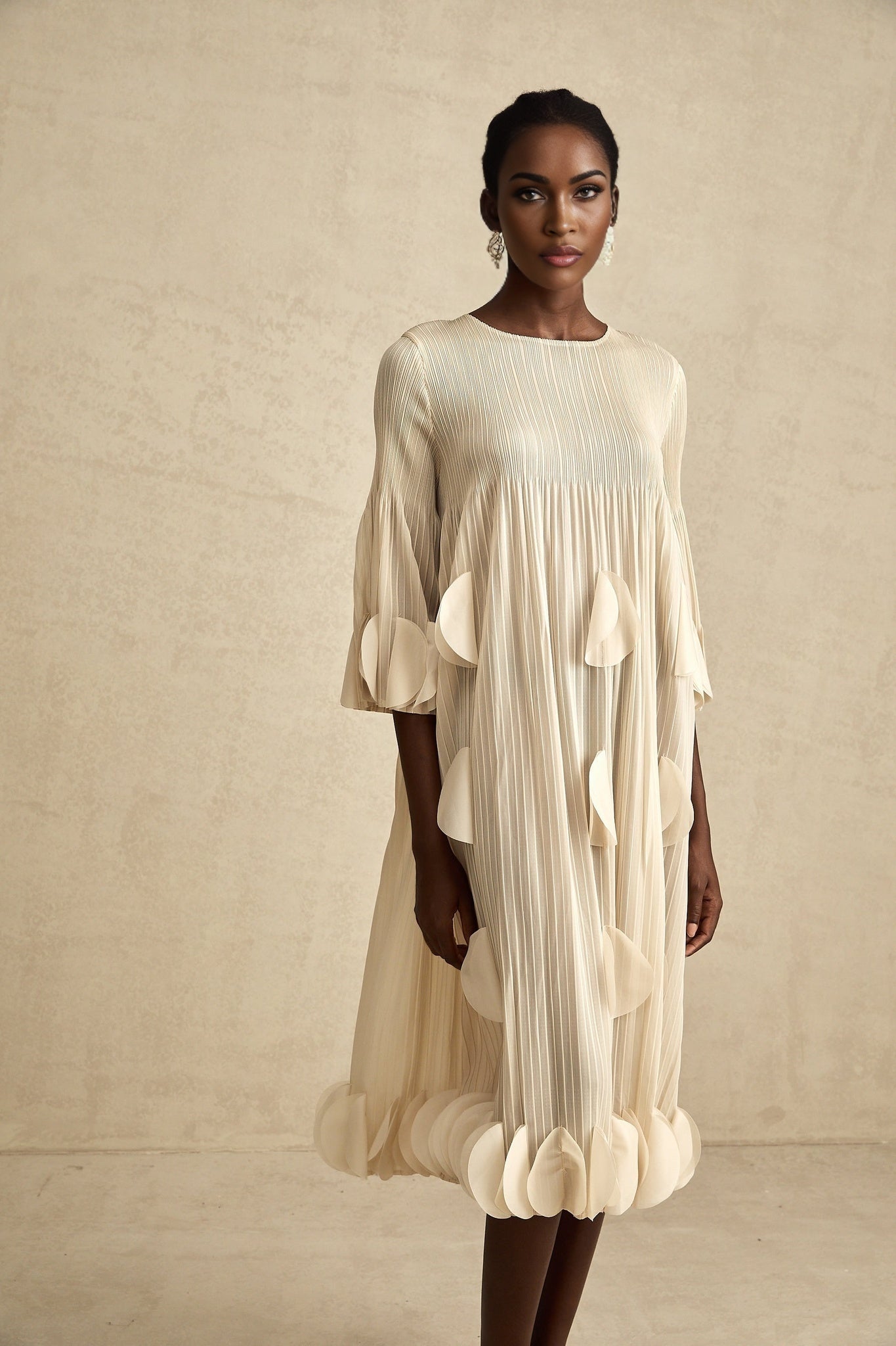 Celeste Midi Dress - Three - Quarter Sleeves - Pleated A - Line Silhouette