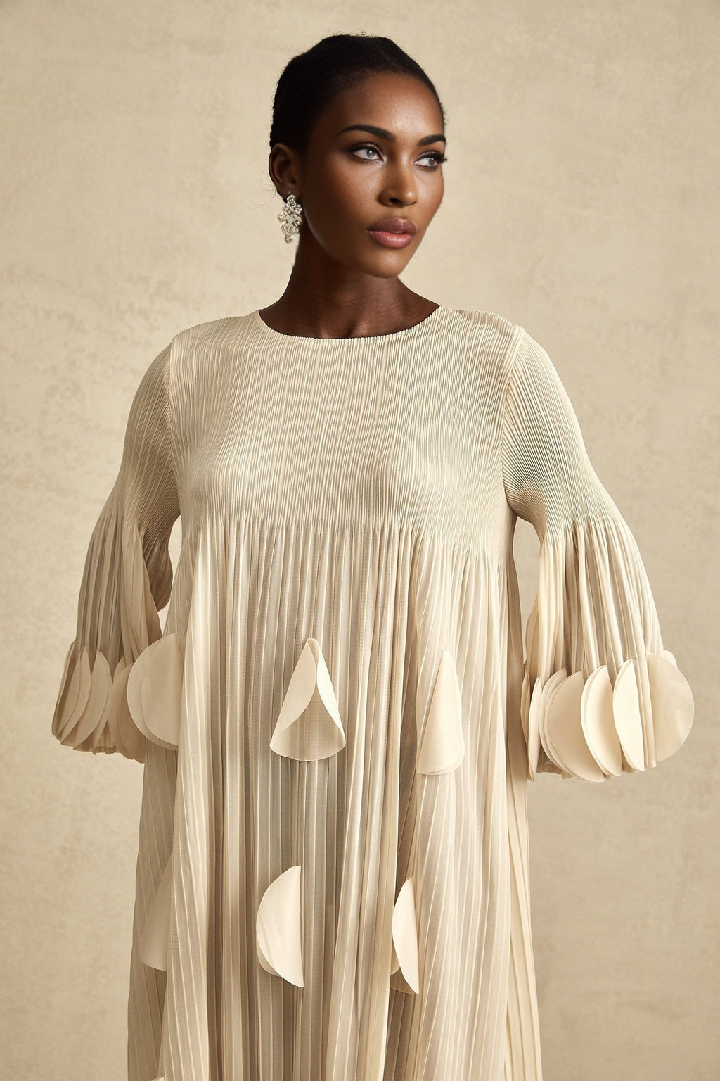 Celeste Midi Dress - Three - Quarter Sleeves - Pleated A - Line Silhouette