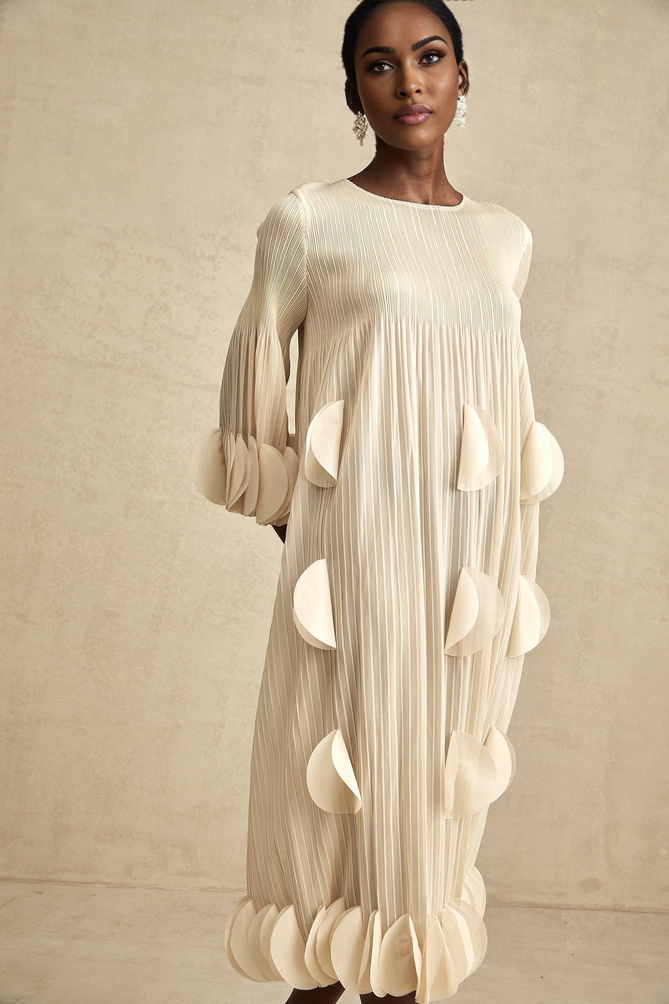 Celeste Midi Dress - Three - Quarter Sleeves - Pleated A - Line Silhouette
