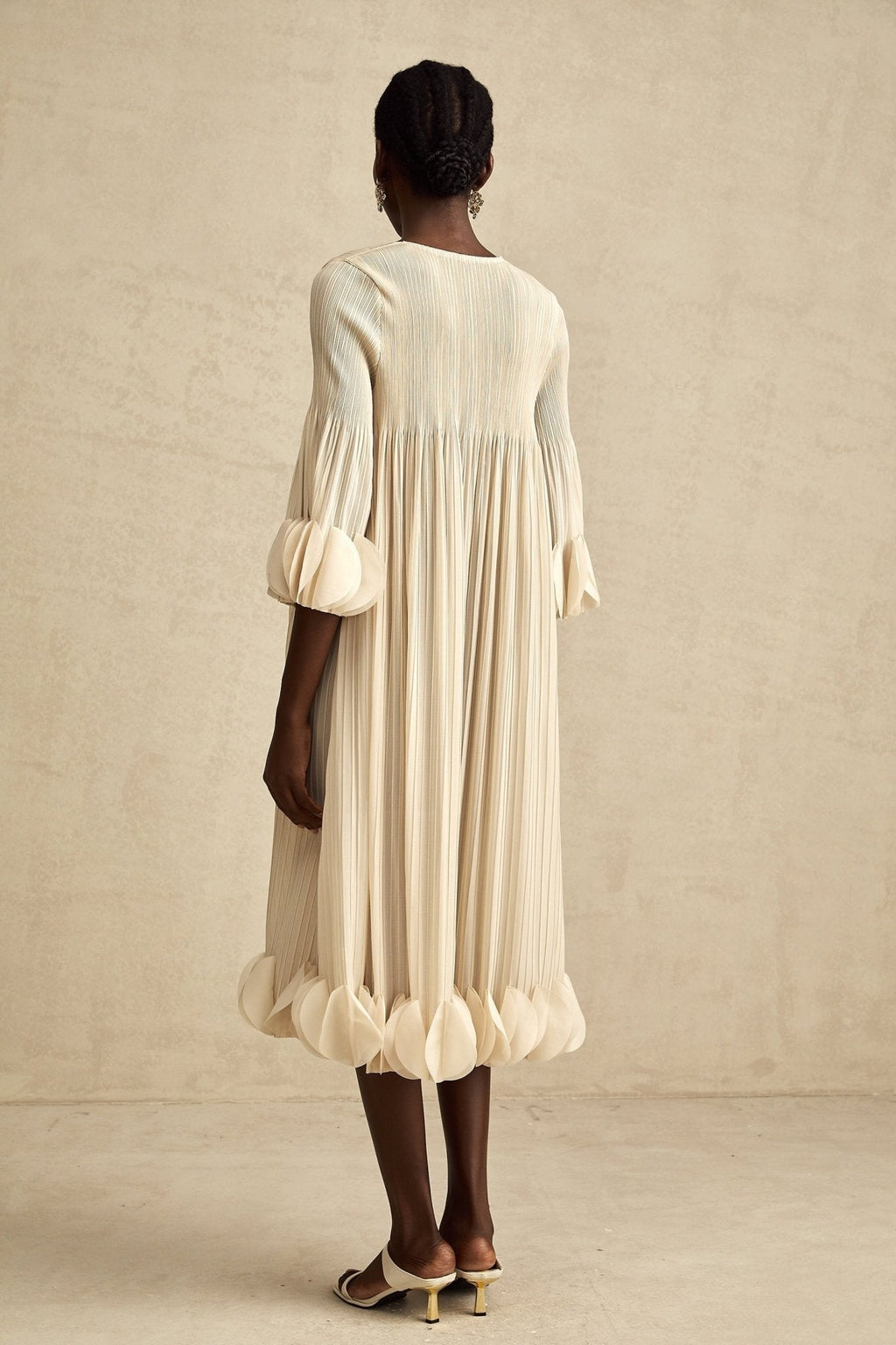 Celeste Midi Dress - Three - Quarter Sleeves - Pleated A - Line Silhouette