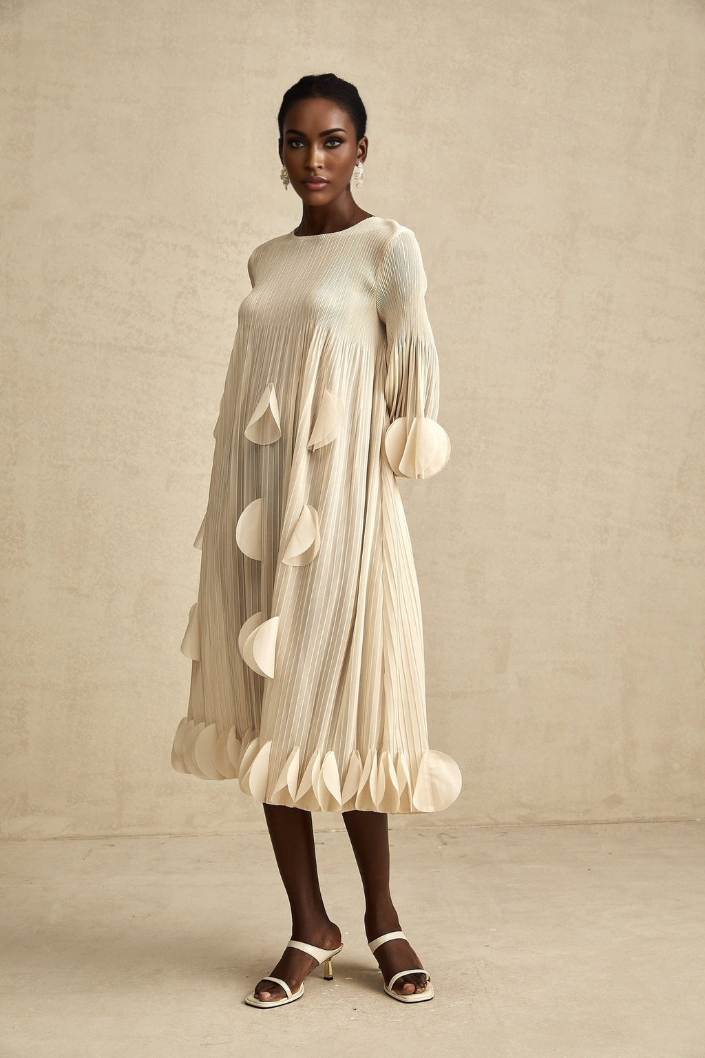 Celeste Midi Dress - Three - Quarter Sleeves - Pleated A - Line Silhouette