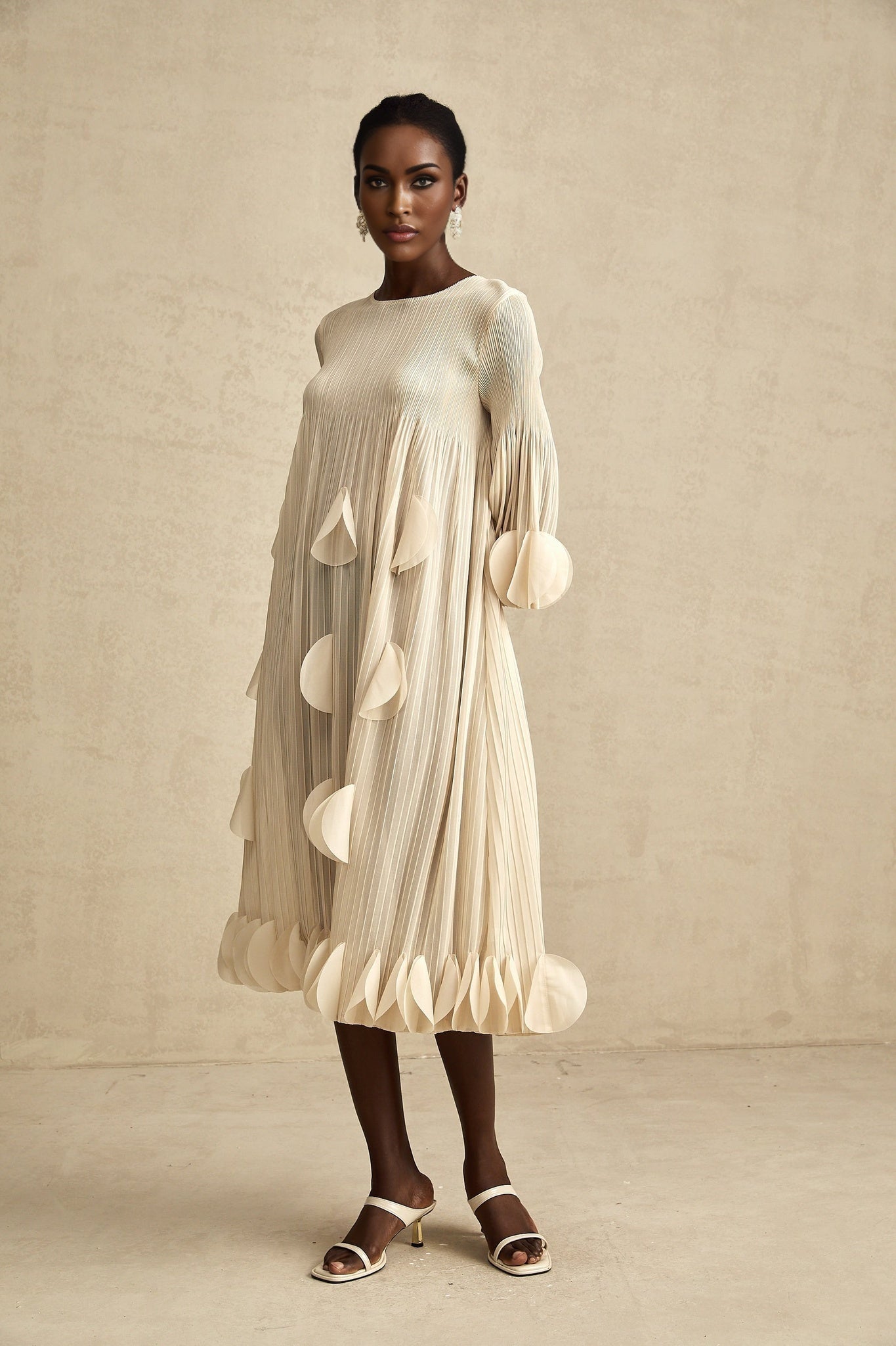 Celeste Midi Dress - Three - Quarter Sleeves - Pleated A - Line Silhouette