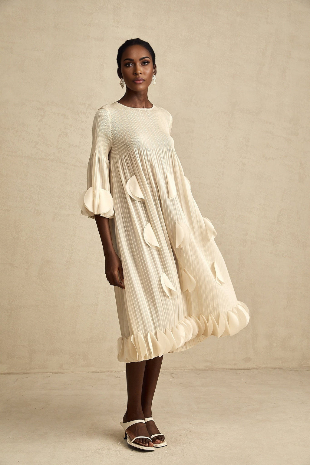 Celeste Midi Dress - Three - Quarter Sleeves - Pleated A - Line Silhouette