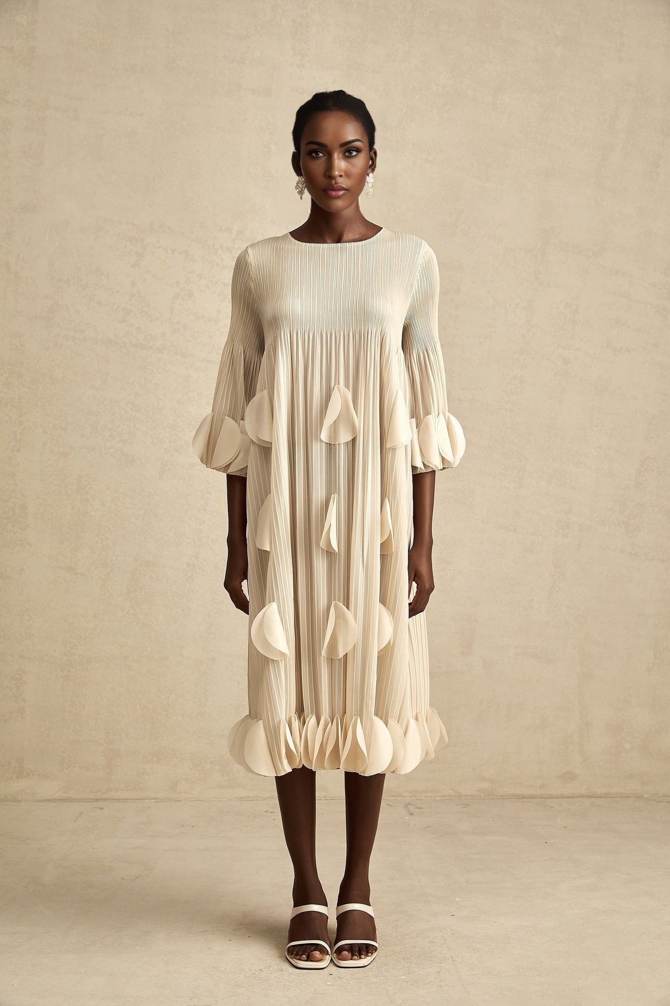 Celeste Midi Dress - Three - Quarter Sleeves - Pleated A - Line Silhouette