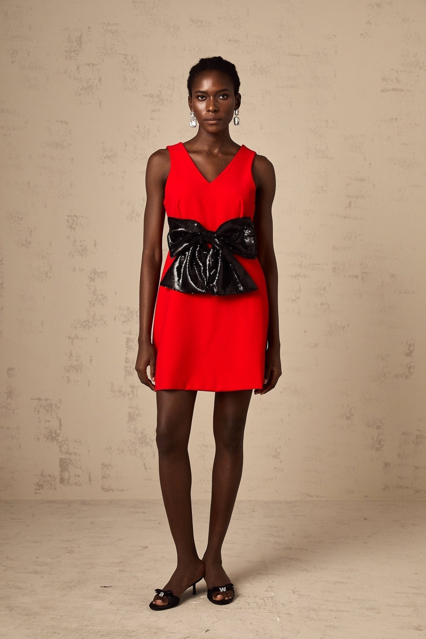 Celeste Sequin Mini Dress - Sleeveless V - Neckline with Bow Detailing - Wide Shoulder Straps and Side Slip Pockets - Thigh - Length Cut