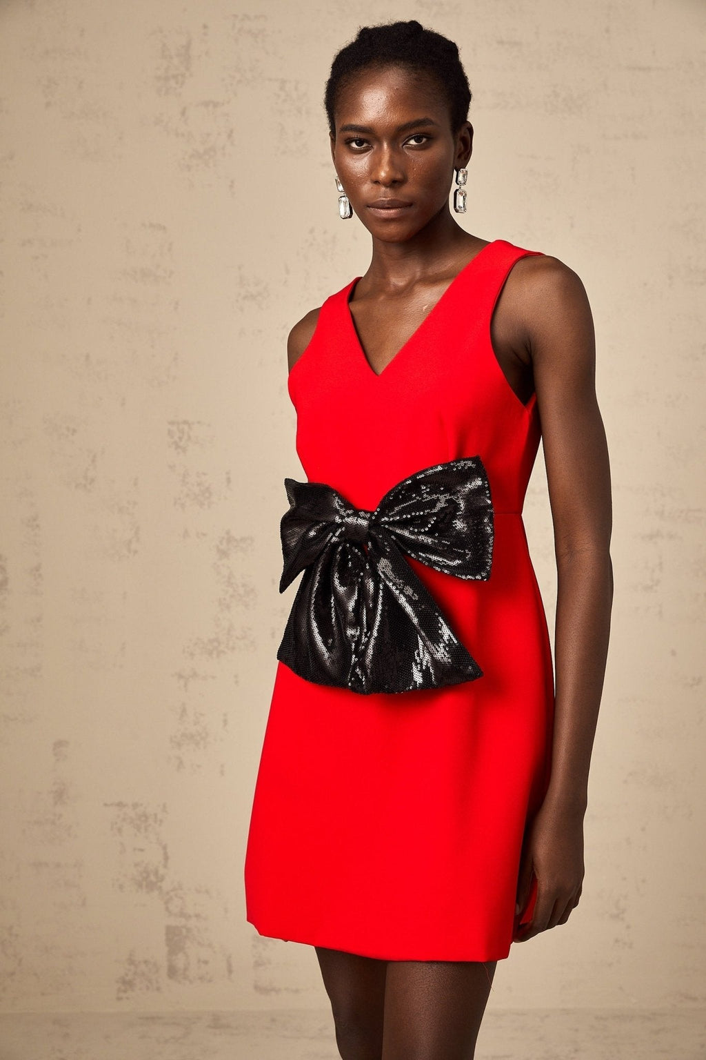 Celeste Sequin Mini Dress - Sleeveless V - Neckline with Bow Detailing - Wide Shoulder Straps and Side Slip Pockets - Thigh - Length Cut