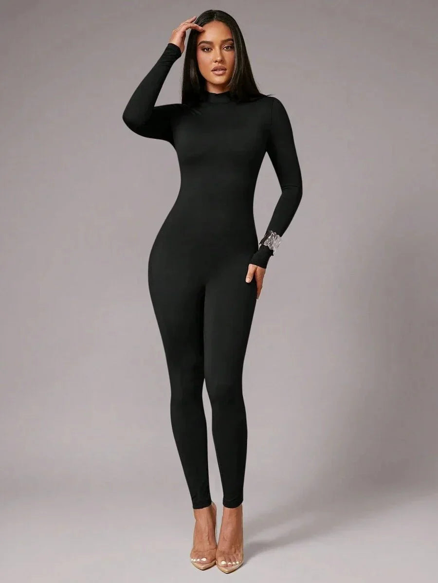 Celestina Jumpsuit - High Stretch Elasticity - Skinny Fit - Casual Style - Long Length - Stand Collar Neckline - Regular Sleeve Type