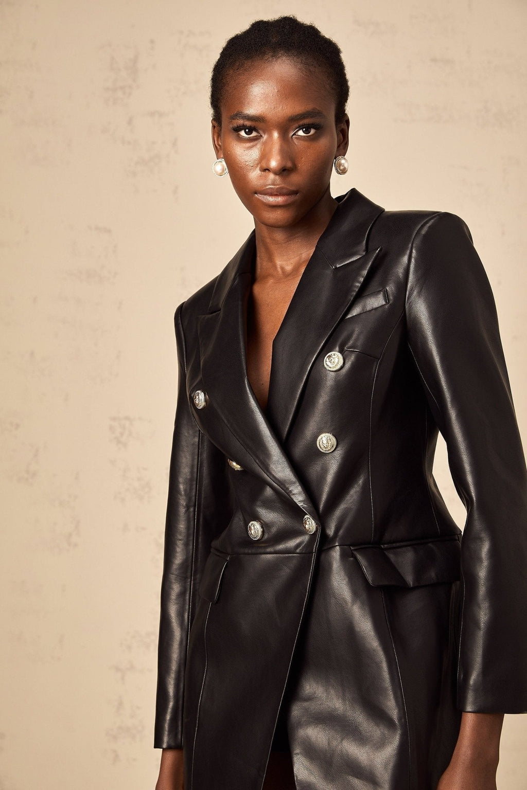 Celestina Mini Dress - Faux Leather - Lion Head Buttons - Double - Breasted Fastening
