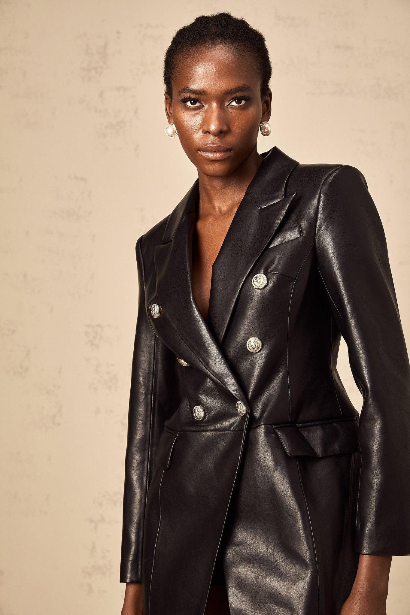 Celestina Mini Dress - Faux Leather - Lion Head Buttons - Double - Breasted Fastening