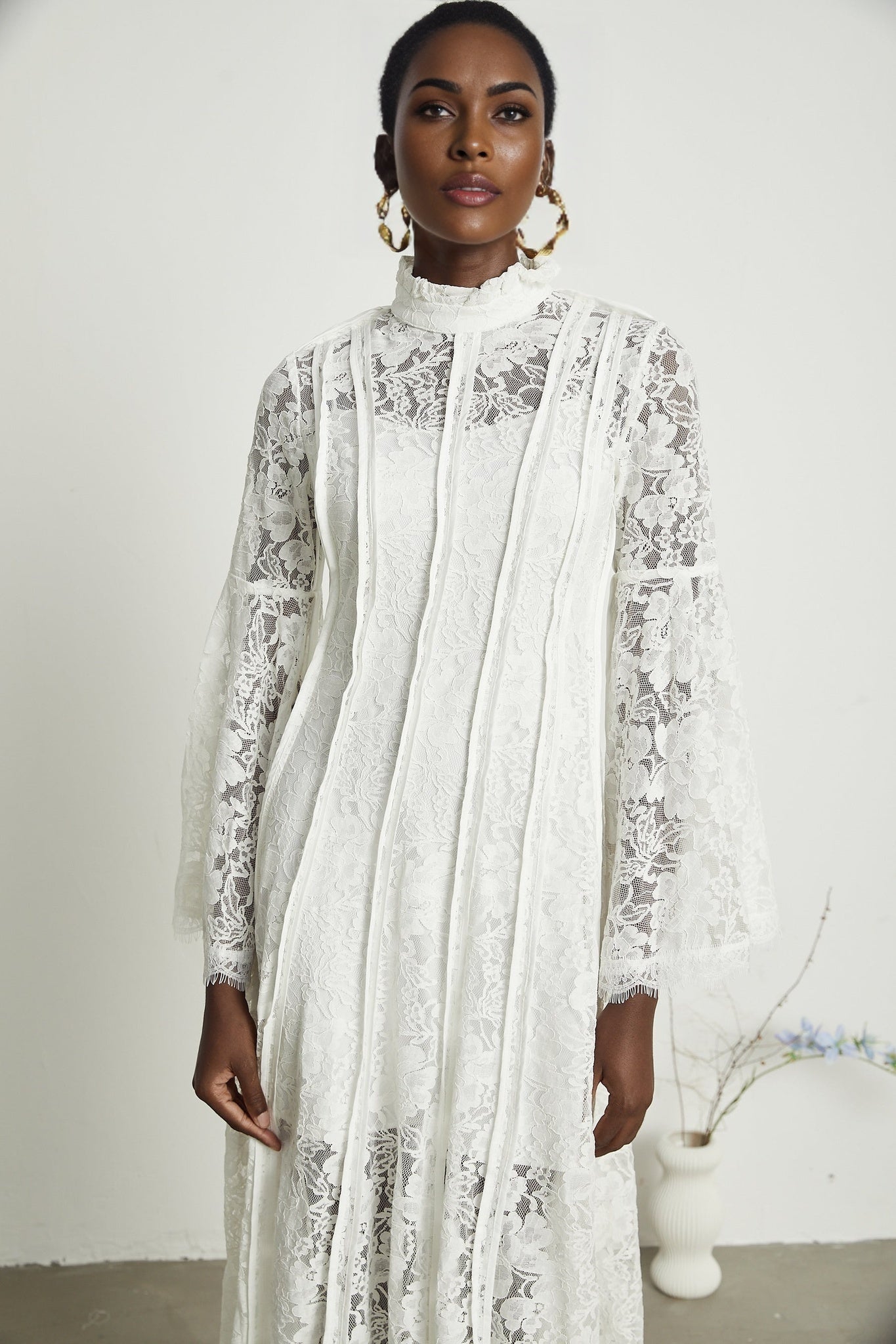 Céline Midi Dress - Romantic Flared Sleeves - Delicate Lace Trim - A - Line Silhouette - Ruffled Hemline - Concealed Zipper