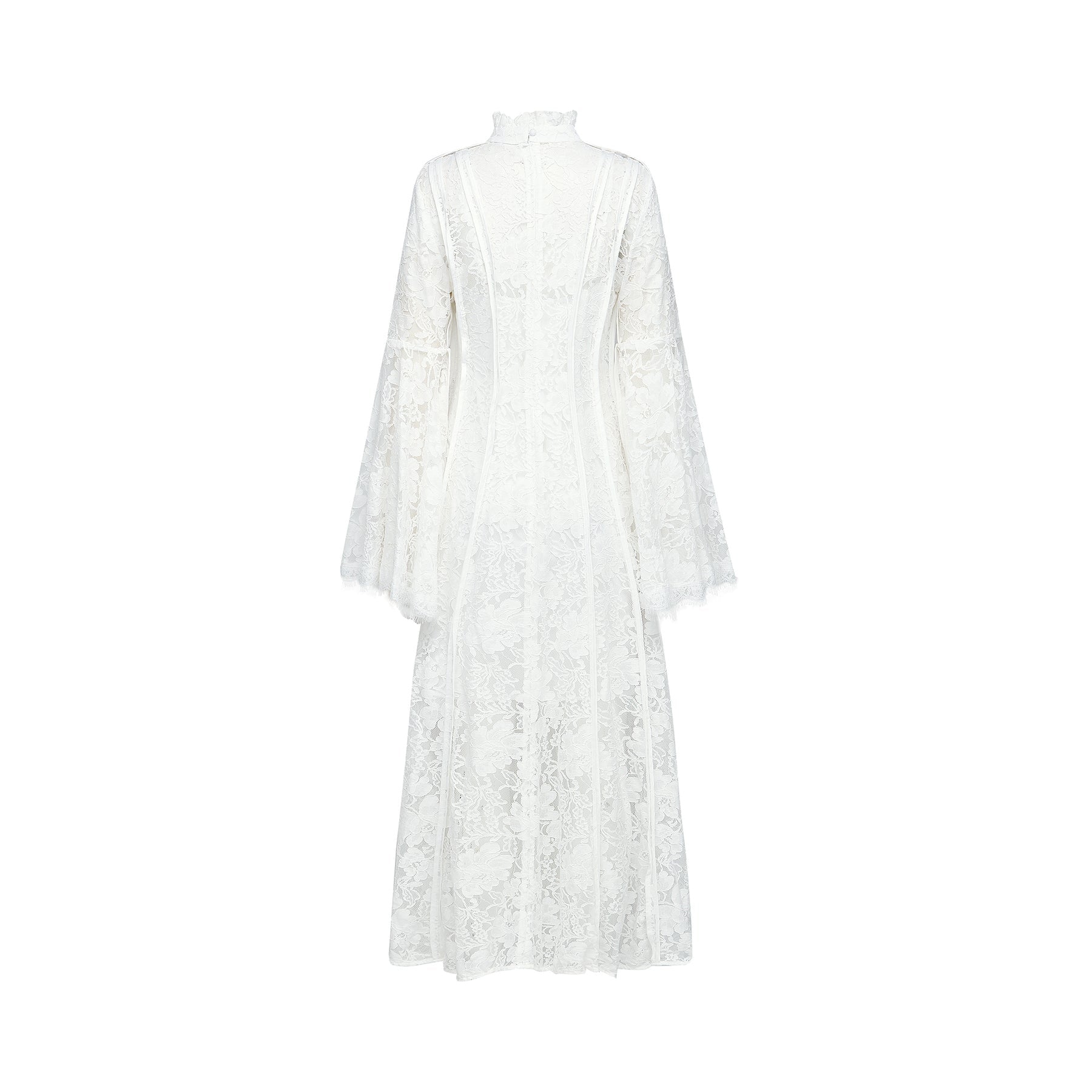 Céline Midi Dress - Romantic Flared Sleeves - Delicate Lace Trim - A - Line Silhouette - Ruffled Hemline - Concealed Zipper