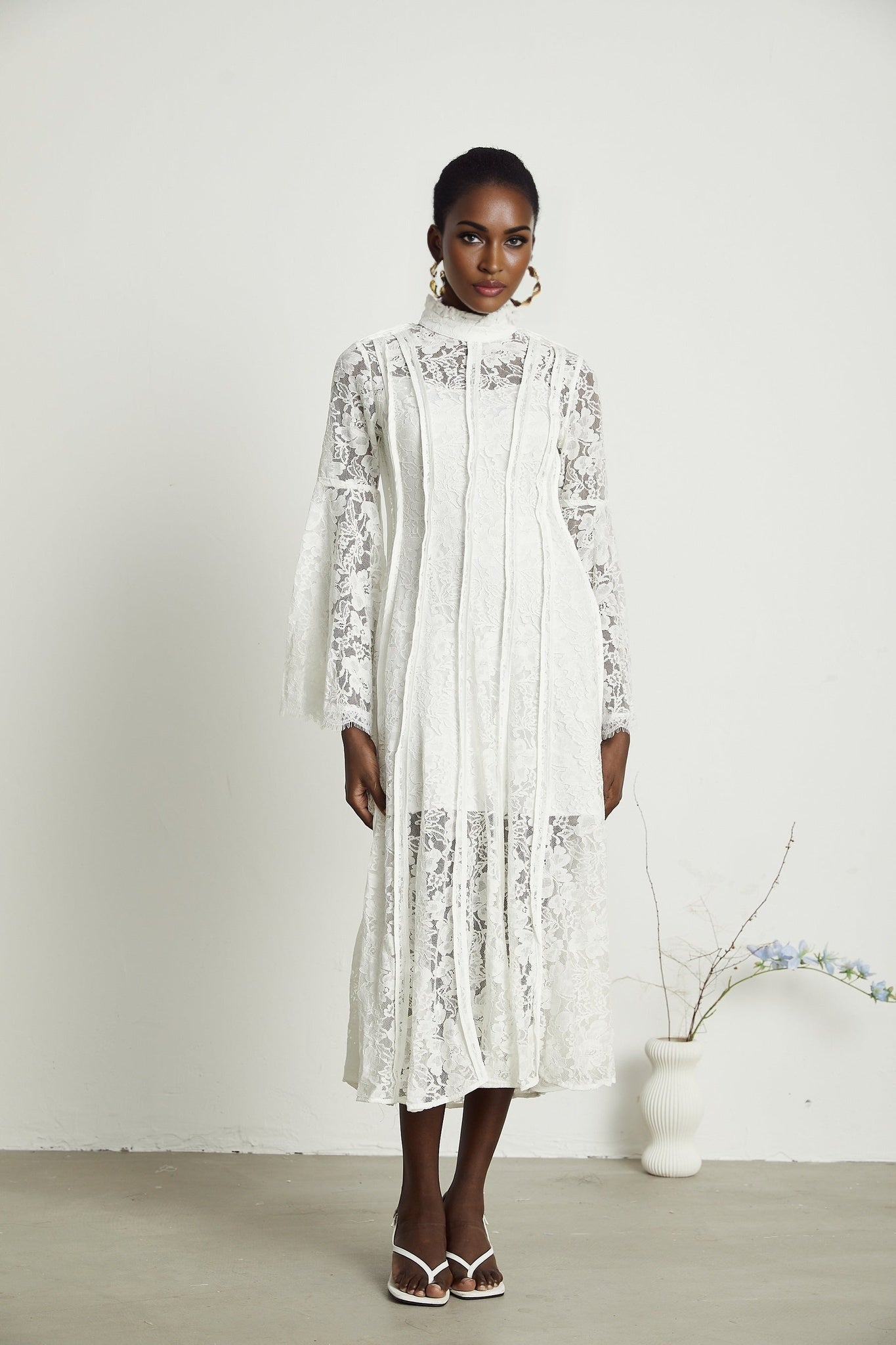 Céline Midi Dress - Romantic Flared Sleeves - Delicate Lace Trim - A - Line Silhouette - Ruffled Hemline - Concealed Zipper