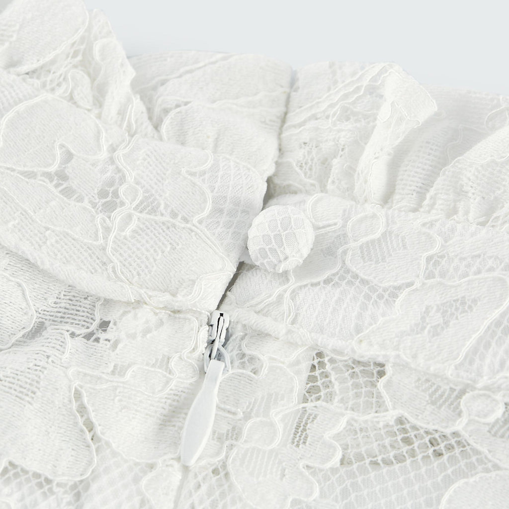 Céline Midi Dress - Romantic Flared Sleeves - Delicate Lace Trim - A - Line Silhouette - Ruffled Hemline - Concealed Zipper