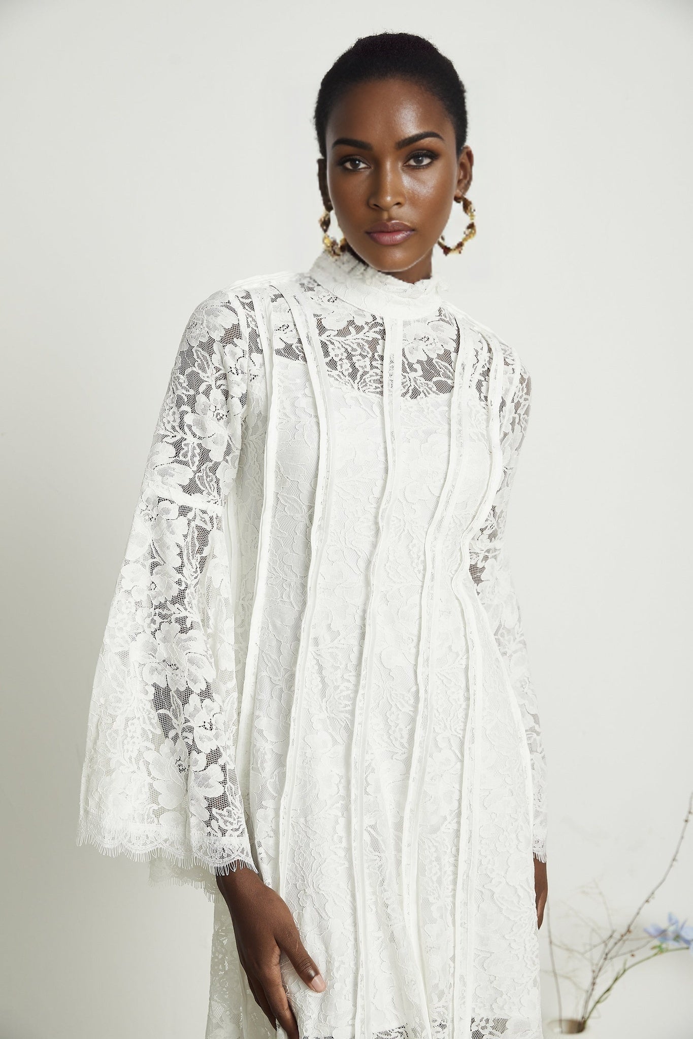 Céline Midi Dress - Romantic Flared Sleeves - Delicate Lace Trim - A - Line Silhouette - Ruffled Hemline - Concealed Zipper