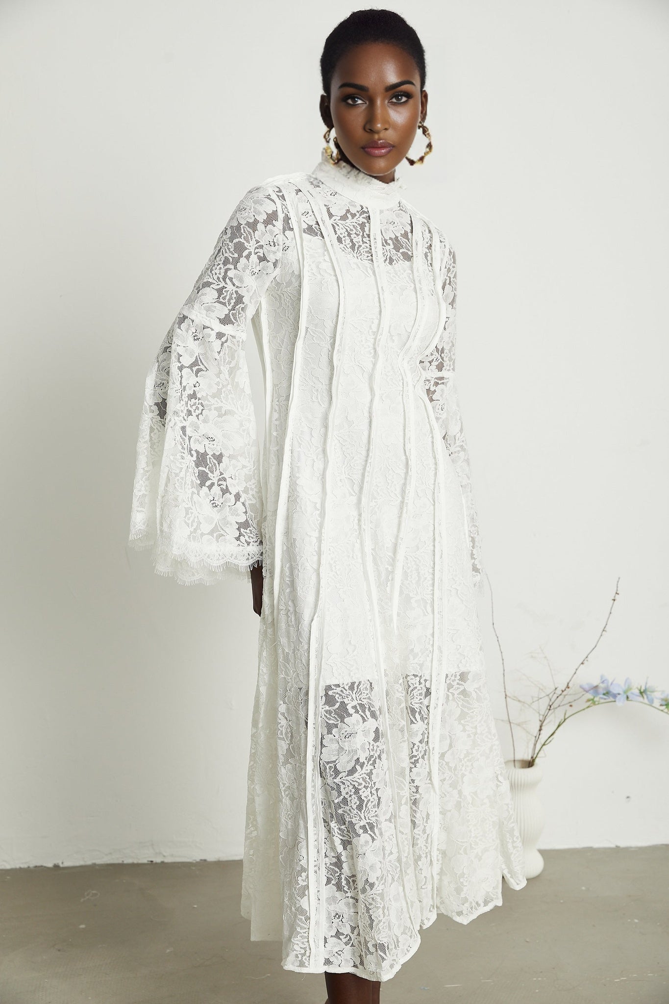 Céline Midi Dress - Romantic Flared Sleeves - Delicate Lace Trim - A - Line Silhouette - Ruffled Hemline - Concealed Zipper