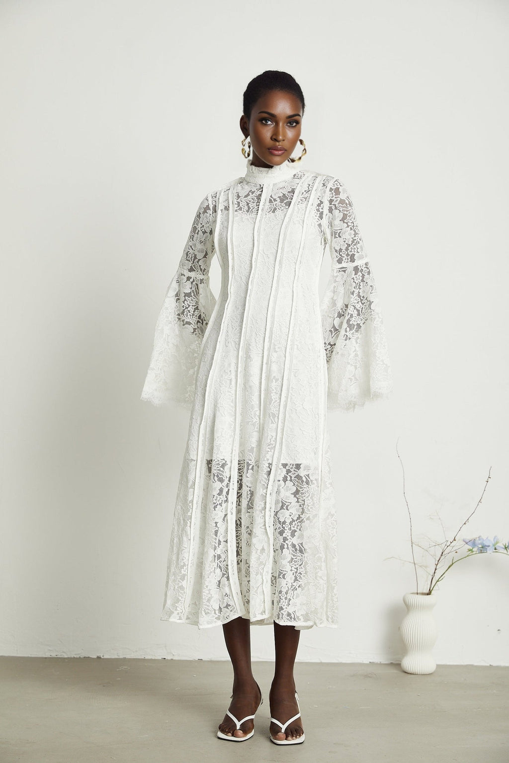 Céline Midi Dress - Romantic Flared Sleeves - Delicate Lace Trim - A - Line Silhouette - Ruffled Hemline - Concealed Zipper