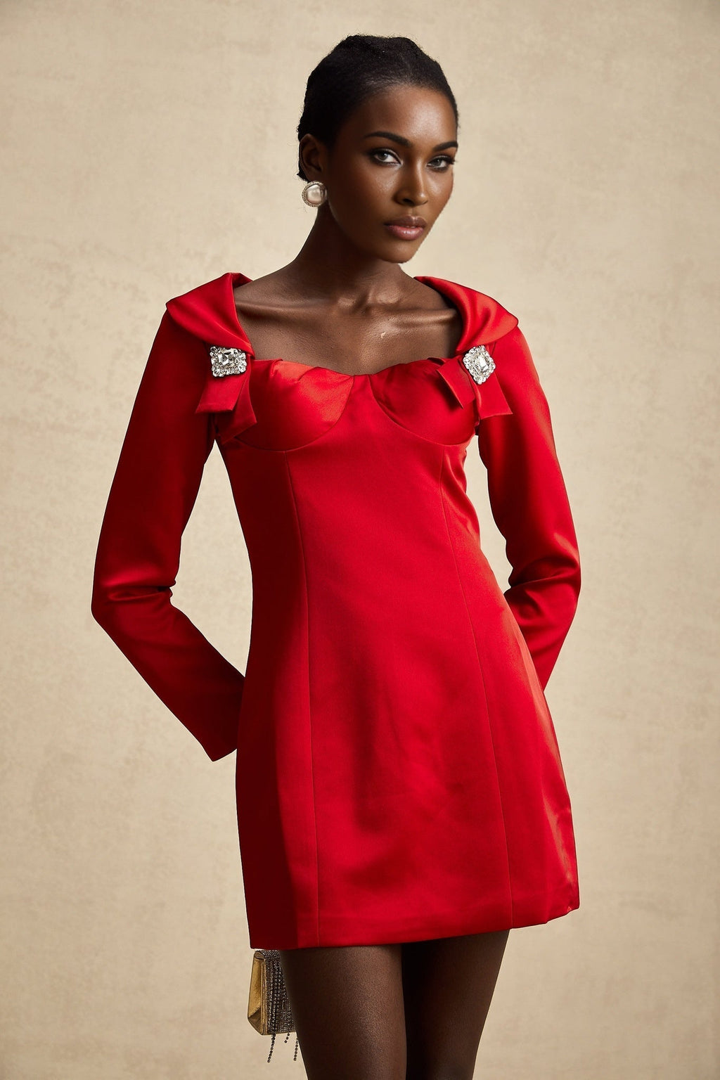 Céline Mini Dress - Corset Style - Lapels - Long Sleeves - Crystal Embellishment