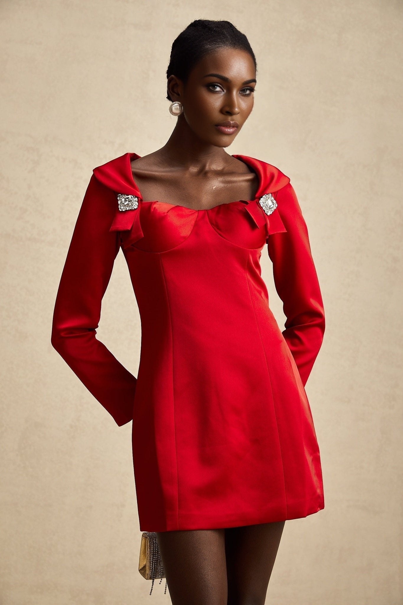 Céline Mini Dress - Corset Style - Lapels - Long Sleeves - Crystal Embellishment