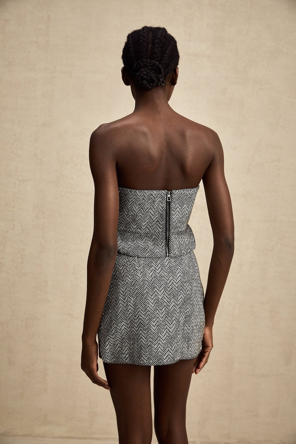 Chantal Crop Top – Cropped Corset - Inspired Fit – Grey Herringbone Pattern – Subtle Metal Studs – Rear Zip Closure – Tailored Silhouette