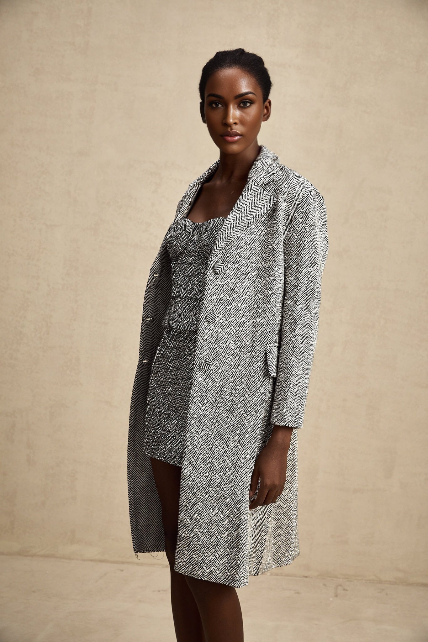 Chantal Herringbone Coat - Lapel Collar - Stud Detail - Button Front - Long Sleeves