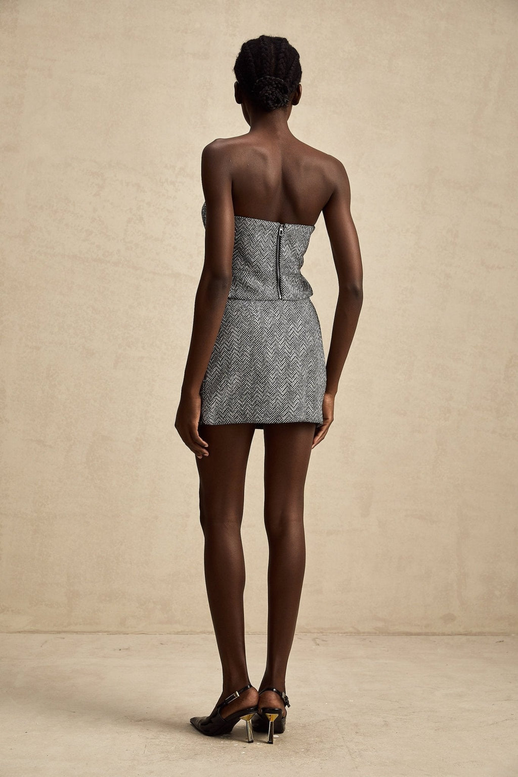 Chantal Skirt - Timeless Herringbone Pattern - Mini Length - Stud Accents - Side Zip Closure - Comfortable Fabric Blend